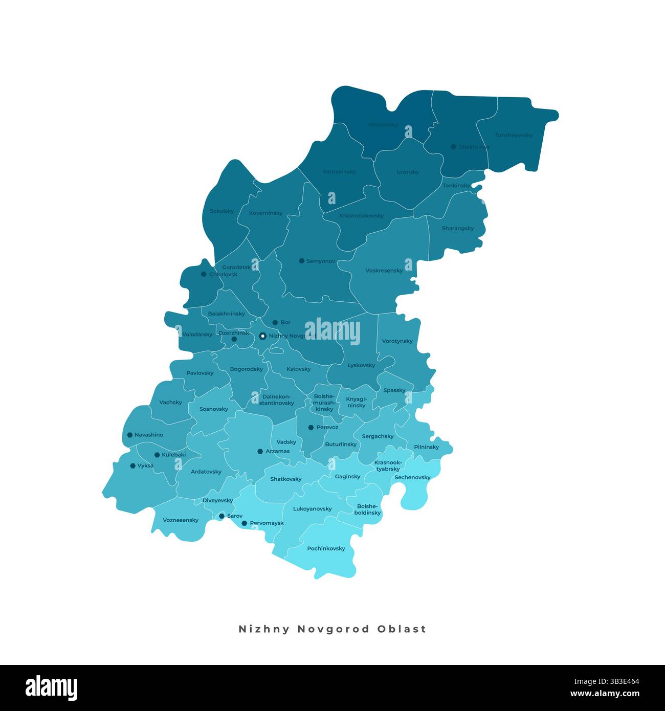 Illustrazione isolata vettoriale con visione degli autori della mappa amministrativa semplificata dell'Oblast di Nizhny Novgorod in Russia. Confini dei distretti e dei nostri Illustrazione Vettoriale