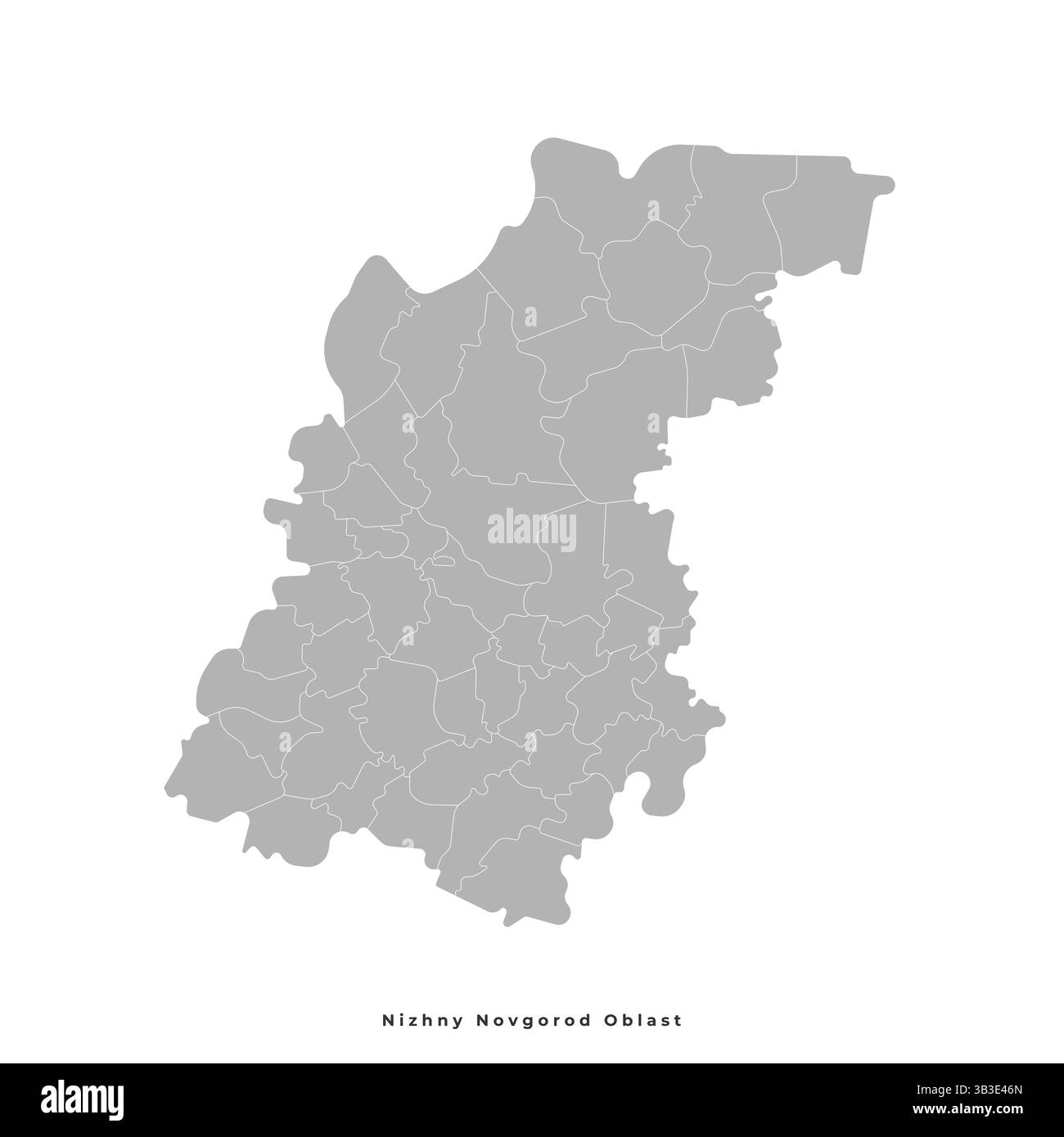 Illustrazione isolata vettoriale della mappa amministrativa semplificata dell'Oblast' di Nizhny Novgorod in Russia. Confini dei distretti e dei quartieri urbani. Grigio sil Illustrazione Vettoriale