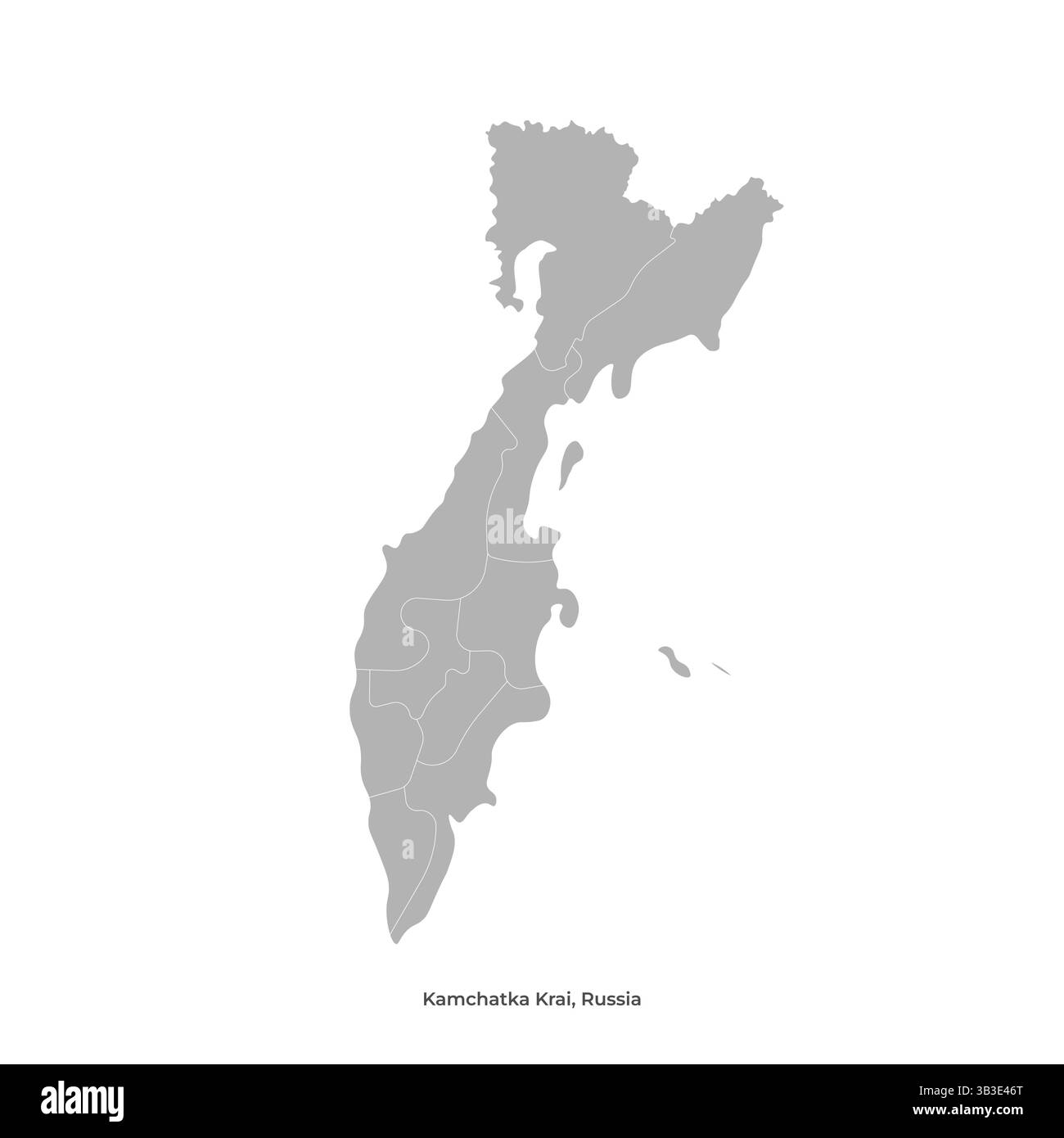 Moderna illustrazione isolata vettoriale con visione degli autori. Mappa amministrativa semplificata della Kamchatka Krai in Russia. Forma grigia con contorno bianco Illustrazione Vettoriale