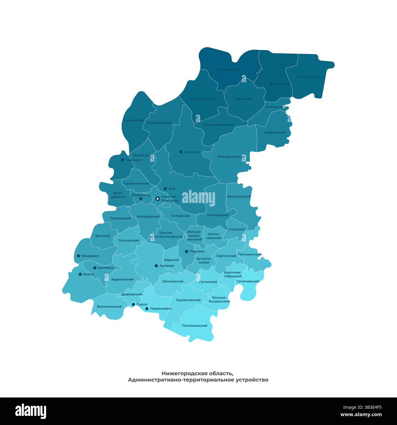 Illustrazione isolata vettoriale con visione degli autori della mappa amministrativa semplificata dell'Oblast di Nizhny Novgorod in Russia. Confini dei distretti e dei nostri Illustrazione Vettoriale