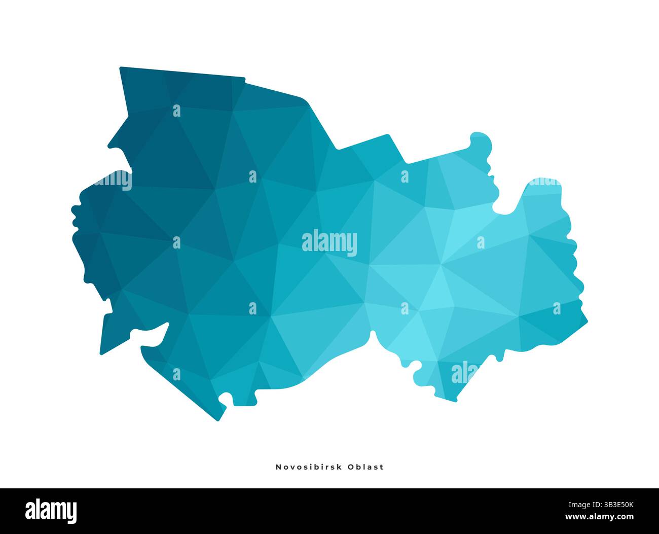 Illustrazione isolata vettoriale con visione dell'autore. Silhouette blu semplificata della mappa dell'Oblast' di Novosibirsk in Russia. Stile geometrico poligonale. Schiena bianca Illustrazione Vettoriale