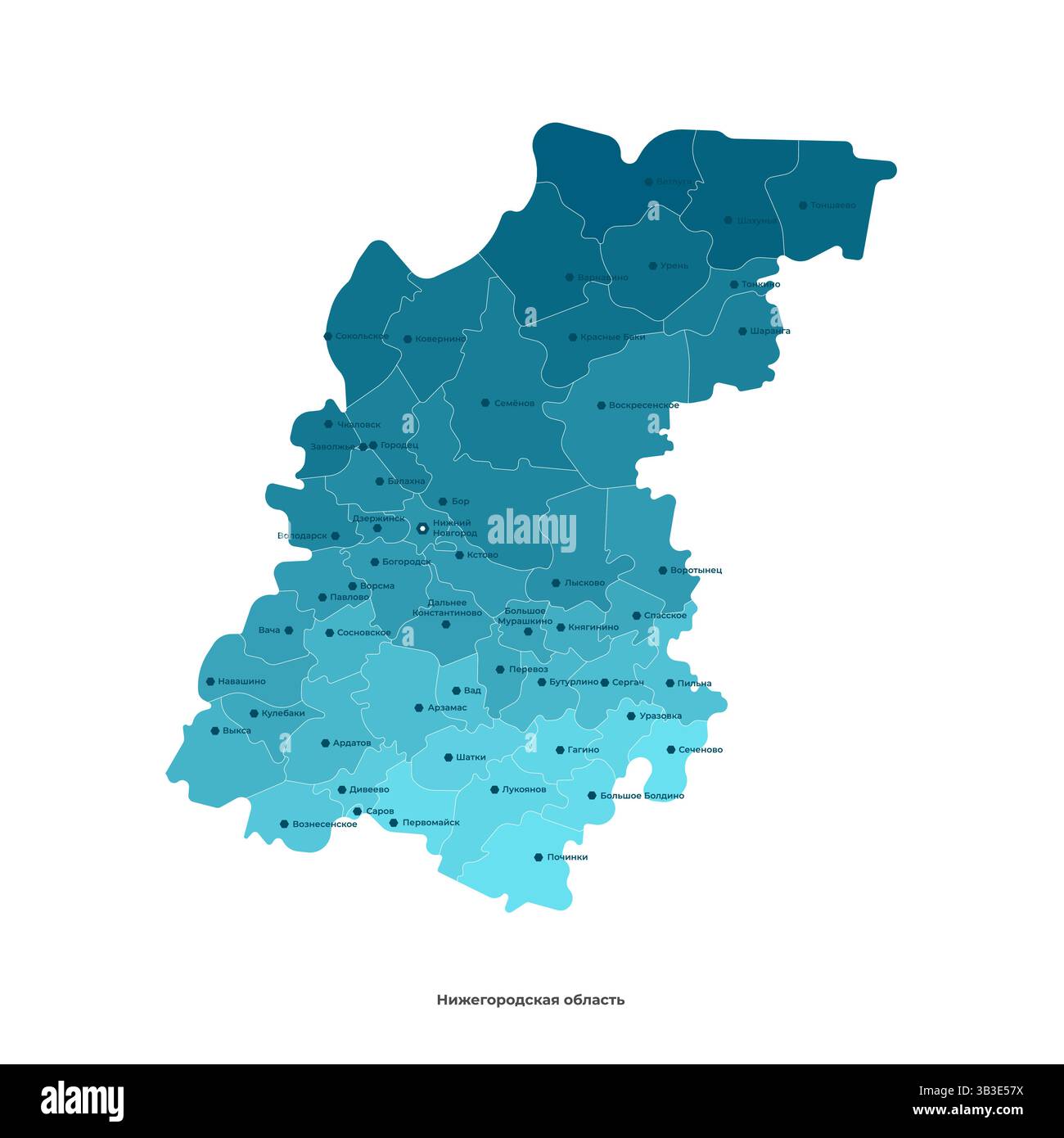 Concetto vettoriale con la visione degli autori della mappa amministrativa semplificata dell'Oblast' di Nizhny Novgorod in Russia. Confini dei distretti, punti con le città, Illustrazione Vettoriale