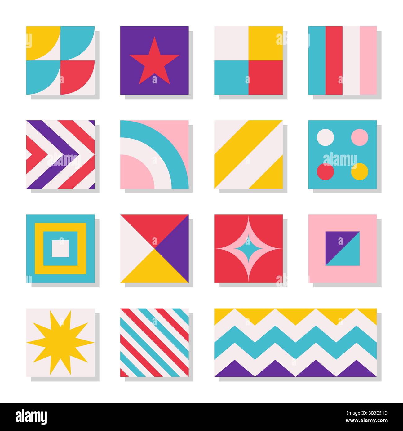 Set di illustrazioni vettoriali piatte con composizioni quadrate astratte con figure geometriche come simbolo di flusso dinamico. Elementi di contrasto luminosi. Minimalista Illustrazione Vettoriale