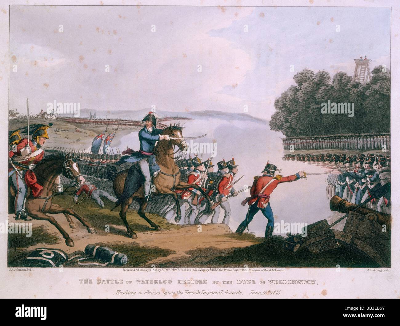 "La battaglia di Waterloo decisa dal duca di Wellington, a capo di una carica sulle guardie imperiali francesi, 18 giugno 1815", 1819. Il Duca, sul suo cavallo, sollecita le sue truppe con una spinta della sua spada. Da "aneddoti storici, militari e navali di ... particolari incidenti che accaddero agli eserciti della Gran Bretagna e dei suoi alleati" di Edward orme. Foto Stock