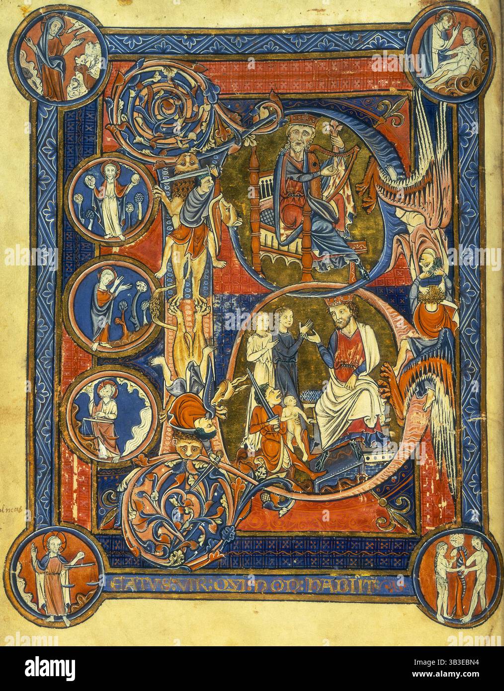 Re Davide che suona l'arpa e il giudizio di Salomone, c1260. Salmo 1; iniziale di Beato. Davide con la sua arpa, e Salomone che giudicano quale delle due donne è adatta ad essere la madre del bambino entrambe affermano che è loro, come uno spadaccino si prepara a tagliare il bambino a metà. Sette medaglioni mostrano: Creazione del Firment; creazione della Terra e delle acque; creazione degli alberi; creazione del Sole e della Luna; creazione degli animali; creazione di Adamo; tentazione di Adamo ed Eva con il Serpente. Altre scene mostrano angeli che combattono e uomini in combattimento a cavallo leoni e draghi. Dal Salterio di Rutland. Foto Stock