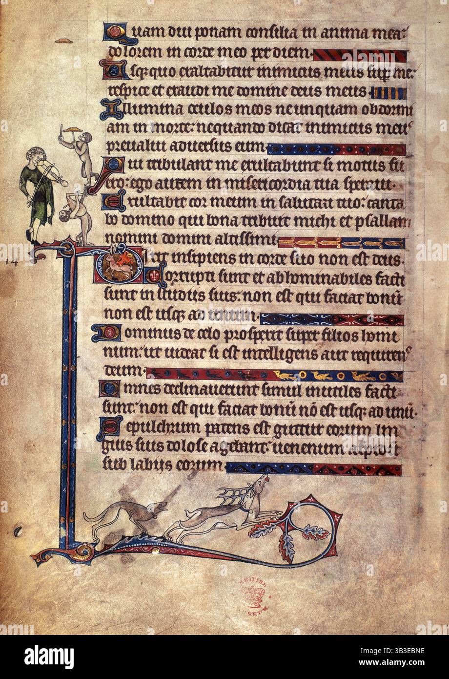 Musicista e scimmie; cane che insegue un cervo, 1284-c1316. Parte del Salmo 12, e Salmo 13, a partire dalla lettera iniziale "D". Disegni marginali di un musicista che suona un violino, una grottesca con cornamuse, e ai piedi, un cervo cacciato da un cane. Il salterio fu probabilmente incaricato di celebrare il matrimonio proposto tra il principe Alfonso, figlio di re Edoardo i, e Margherita, figlia di Florent V, conte d'Olanda, che non ebbe luogo a causa della morte di Alfonso nell'agosto del 1284. Dal Salterio di Alphonso [precedentemente noto come Salterio Tenison]. Foto Stock