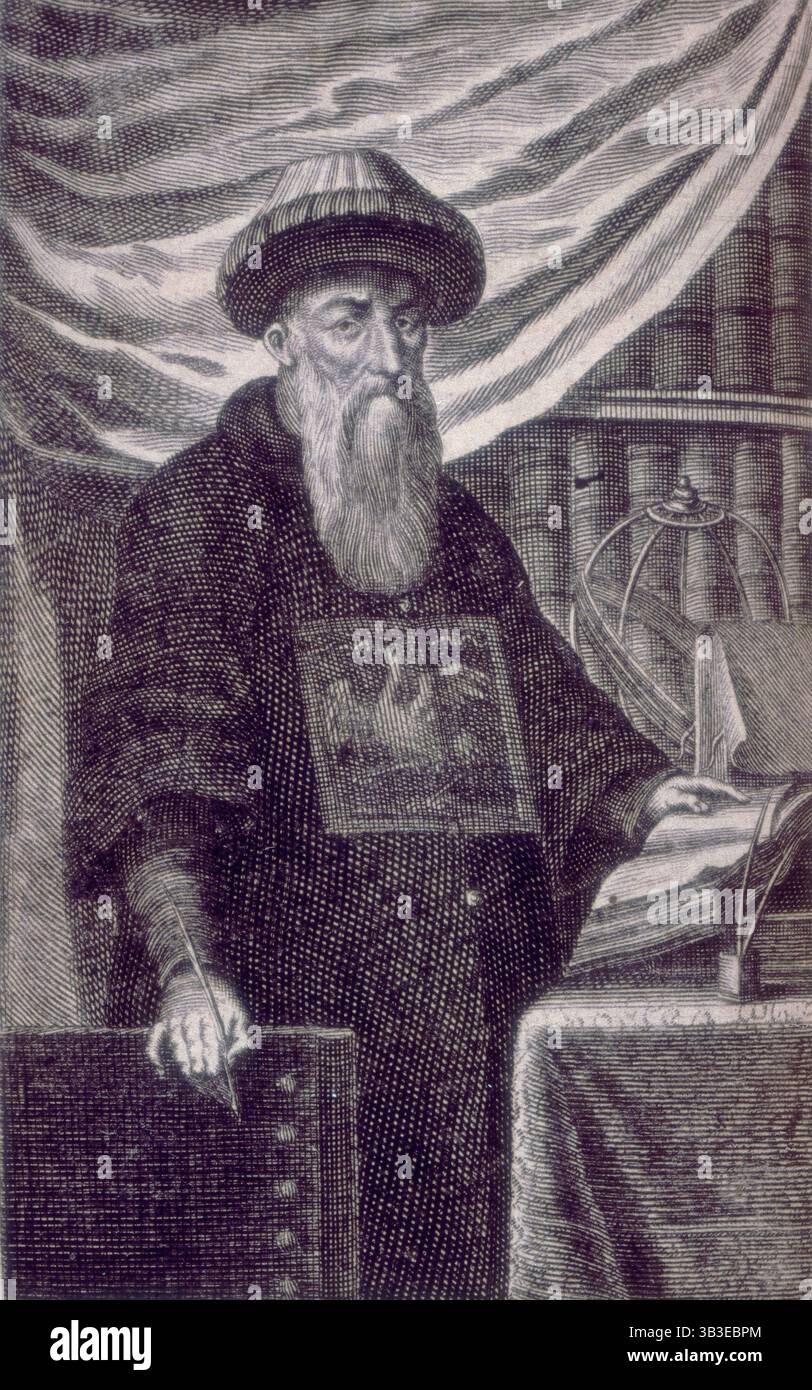 Johann Adam Von Schall, 1672 anni. Ritratto di Johann Adam Schall von Bell, missionario gesuita tedesco, astronomo e costruttore di strumenti, in piedi di fronte a una libreria. La sua mano sinistra poggia su un libro aperto, mentre tiene una penna di quill nella mano destra. Dopo aver studiato filosofia e teologia presso la compagnia di Gesù andò come missionario in Cina. Fu il primo europeo a diventare membro della corte cinese di Pechino e divenne capo dell'Ufficio di astronomia. Da "Historica Relatio de ortu et progressu Fidei Ortho". A. Hanckwitz: Ratisbon, 1672. Foto Stock
