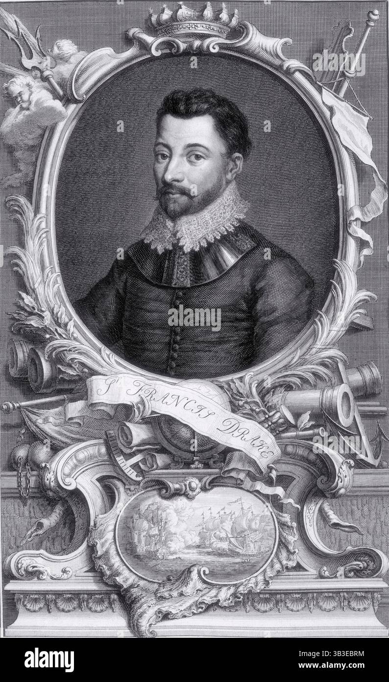 Sir Francis Drake, c1743-c1751. Ritratto di Drake (1540-1596) realizzato nel XVIII secolo. Sotto il ritratto del medaglione ci sono esempi di attrezzature di navigazione che riflettono il suo ruolo di navigatore; un globo, una bussola, mappe arrotolate, un'ancora, telescopi. Questi circondano una piccola immagine di una battaglia navale, probabilmente un riferimento all'Armada spagnola. A sinistra del suo ritratto si trova un tridente, un attributo del dio del mare Nettuno, e due cherubini che rappresentano i venti. Il fondo del basamento è decorato con conchiglie, un altro riferimento al mare. Drake circumnavigò il globo 1577-1580, e giocò Foto Stock