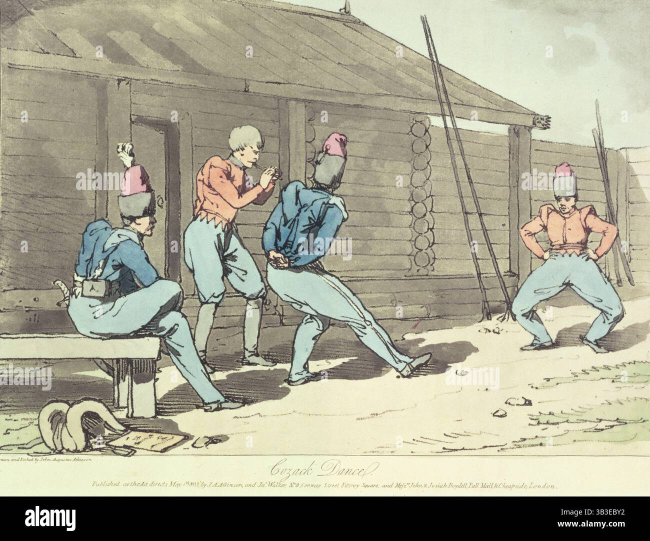 Cozack Dance, 1812. Cosacchi che ballano. Da "Una pittoresca rappresentazione dei manieri, delle dogane e dei divertimenti dei russi, in cento piatti colorati, con una spiegazione accurata di ogni piatto, in inglese e francese" di John Augustus Atkinson e James Walker. (Londra, 1812). Foto Stock