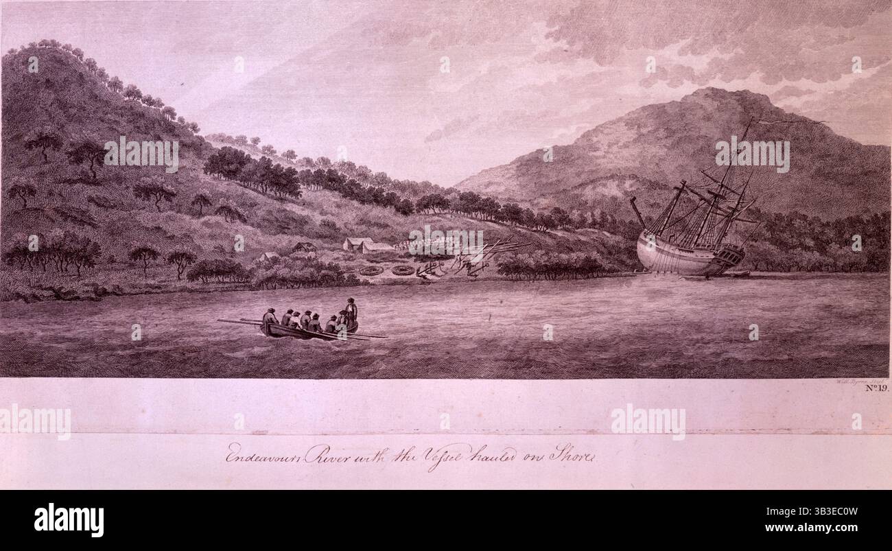 Encevavours River con la nave trainata sulla Shore, 1770, (fine XVIII secolo). Dopo aver lasciato Botany Bay, la nave del capitano James Cook Endeavour si arenò sulla grande Barriera Corallina, e fu costretto a fermarsi nel fiume Endeavour per effettuare riparazioni. L'artista della spedizione, Sydney Parkinson, ha disegnato questa vista che è la prima rappresentazione conosciuta del paesaggio australiano. Un insediamento, (ora Cooktown, Queensland), fu stabilito vicino a questo sito. Foto Stock