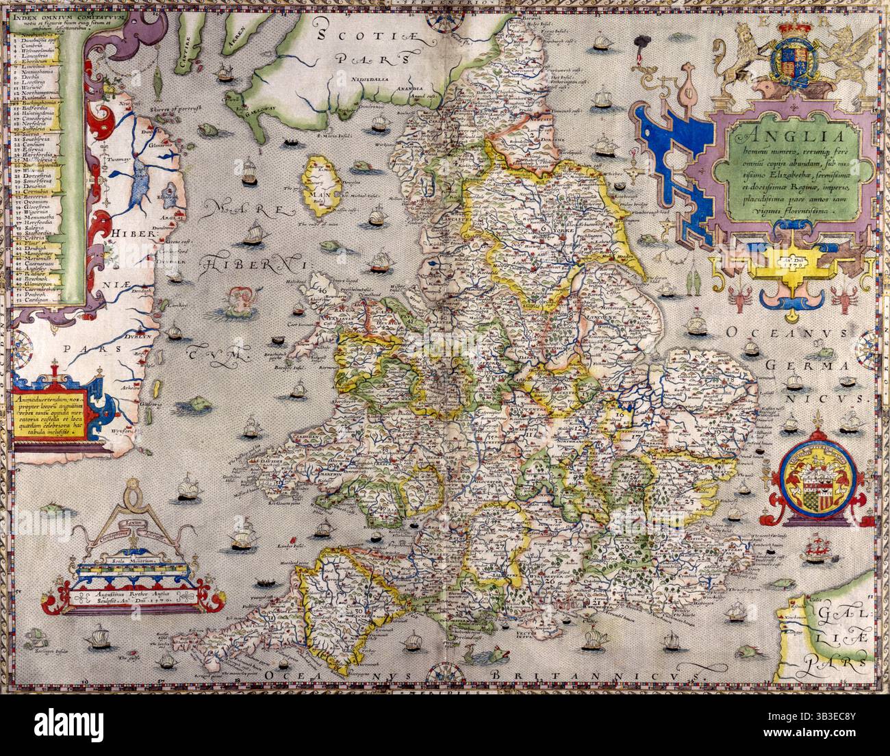 Una mappa di Inghilterra e Galles, 1583. Le varie città principali sono state numerate ed elencate a sinistra. La costa orientale dell'Irlanda (Hiberni&#xe6;) e le principali città che la circondano sono state evidenziate. Nell'angolo in basso a destra si trova parte della costa francese. Le acque circostanti sono piene di barche di tutte le dimensioni, mostri marini, pesci e persino una sirena con Nettuno (a sinistra di Holyhead). Foto Stock
