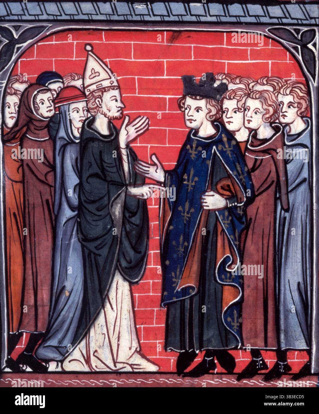 Assedio di la Rochelle, c1325-c1350. Re Luigi VIII di Francia incontra un vescovo, un cardinale e frati. L'assedio di la Rochelle del 1224 fu l'impegno decisivo nella campagna tra i Capeti e i Plantageneti per il controllo di Poitou. Da Chroniques de France ou de Saint Denis, vol. 1. Foto Stock