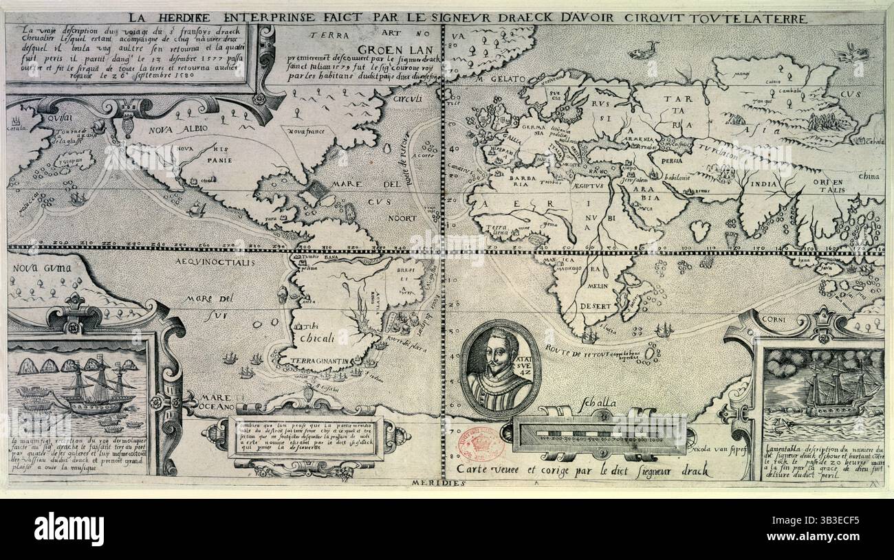 Mappa che mostra la circumnavigazione del Globe di Francis Drake, fine XVI secolo. «La vraie description du voyage du sr. Fransois draeck Chevalier lesquel estant acompaigne de cinq navires deux desquel il brula...". Drake fu l'ammiraglio inglese che circumnavigò il globo (1577-1580), giocò un ruolo importante nella sconfitta dell'Armada spagnola (1588), ed era il marinaio più rinomato dell'età elisabettiana. Foto Stock