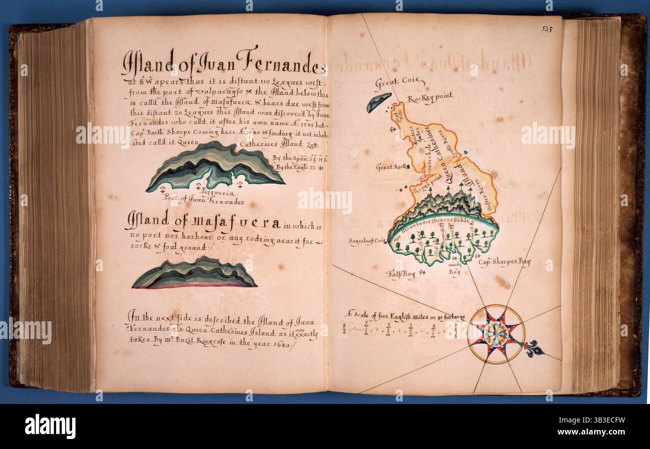 William Hack's atlas of the South Sea of America, c1682-c1700. Il "Wagoner of the Great South Sea" di William Hack era un atlante della costa occidentale dell'America. Questa pagina mostra l'isola di Juan Fernandez - situata nel Pacifico meridionale, a circa 650 chilometri ad ovest del Cile - su cui Alexander Selkirk fu abbandonato tra il 1704 e il 1709. Le sue esperienze ispirarono Daniel Defoe a scrivere "Robinson Crusoe", e l'isola è oggi conosciuta anche come "Robinson Crusoe's Island". Foto Stock