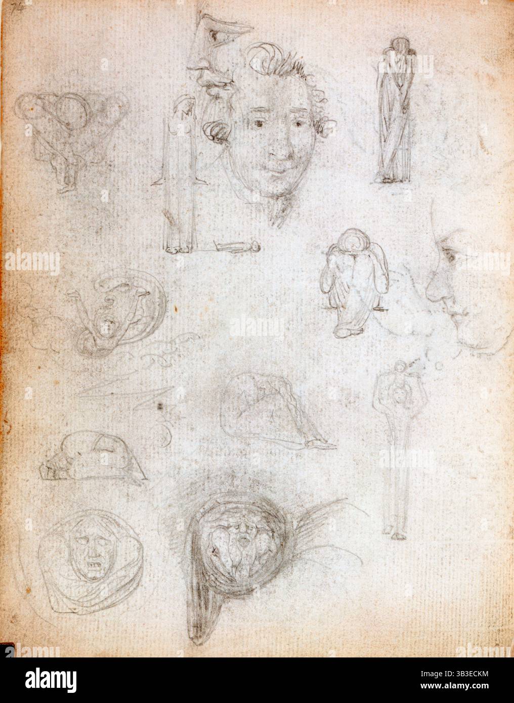 Forme umane alfabetiche, c1787-1818. Pagina da un libro di schizzi. Disegno adottato per la poesia 'Holy Thurdsay', in "Songs of Experience", appena a sinistra di un ritratto di Tom Paine. Con i disegni utilizzati per la poesia "My Pretty Rose Tree" e il frontespizio in basso a destra e al centro. Dal manoscritto notebook, i disegni preparatori di William Blake per la sua collezione di poesie, "Songs of Innocence and of Experience". Foto Stock