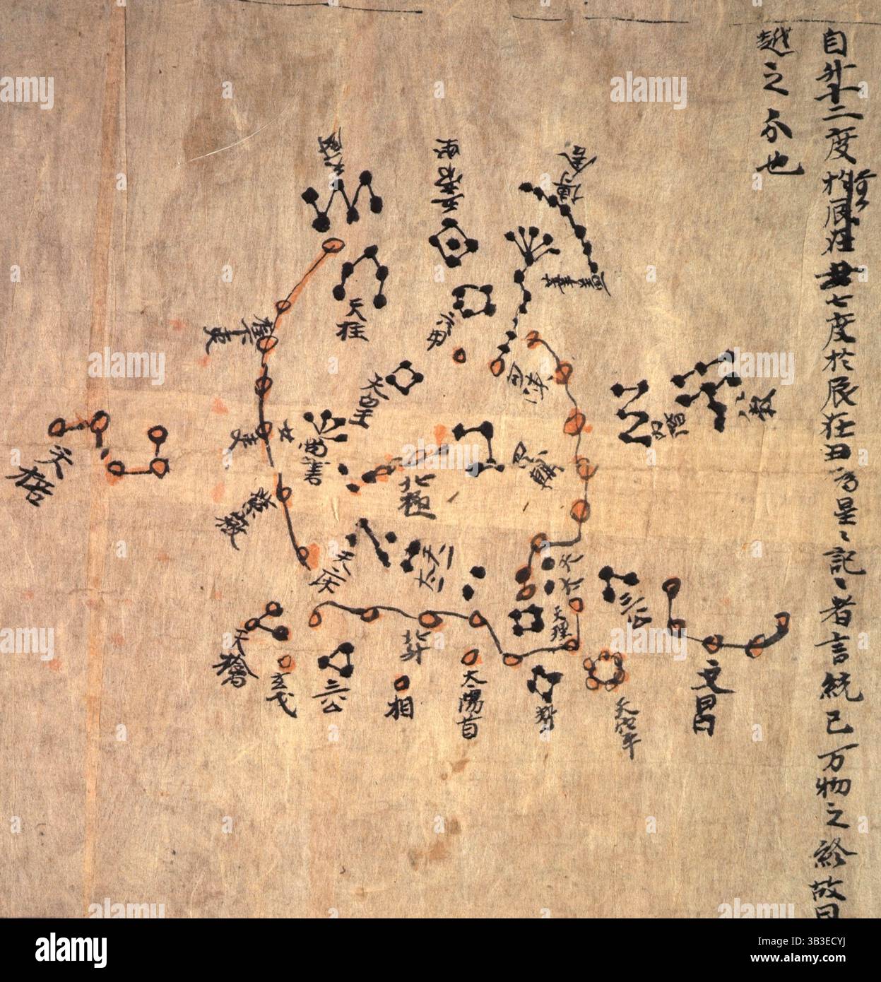 Mappa cinese a scorrimento raffigurante il cielo notturno visto dall'emisfero settentrionale, c618-c906. È diviso secondo le stazioni del pianeta Giove in 12 sezioni. Da Star Maps di Dunhuang. Foto Stock