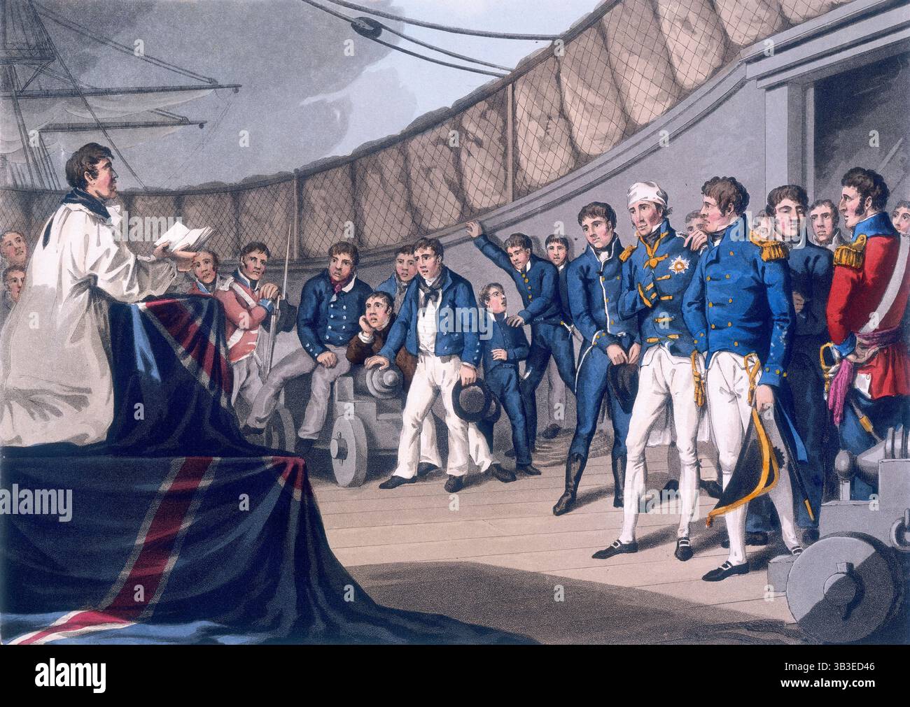 Marinai alle preghiere a bordo della nave di Lord Nelson, dopo la battaglia del Nilo, 1819. Il sacerdote conduce il servizio da un altare improvvisato che ha un unionista drappeggiato sopra di esso. I marinai si trovano in un semicerchio ad ascoltare. Anche un Nelson ferito sta ascoltando sulla destra. Nel 1798 Nelson sconfisse le forze navali di Bonaparte nella baia di Aboukir, che divenne nota come battaglia del Nilo. Foto Stock