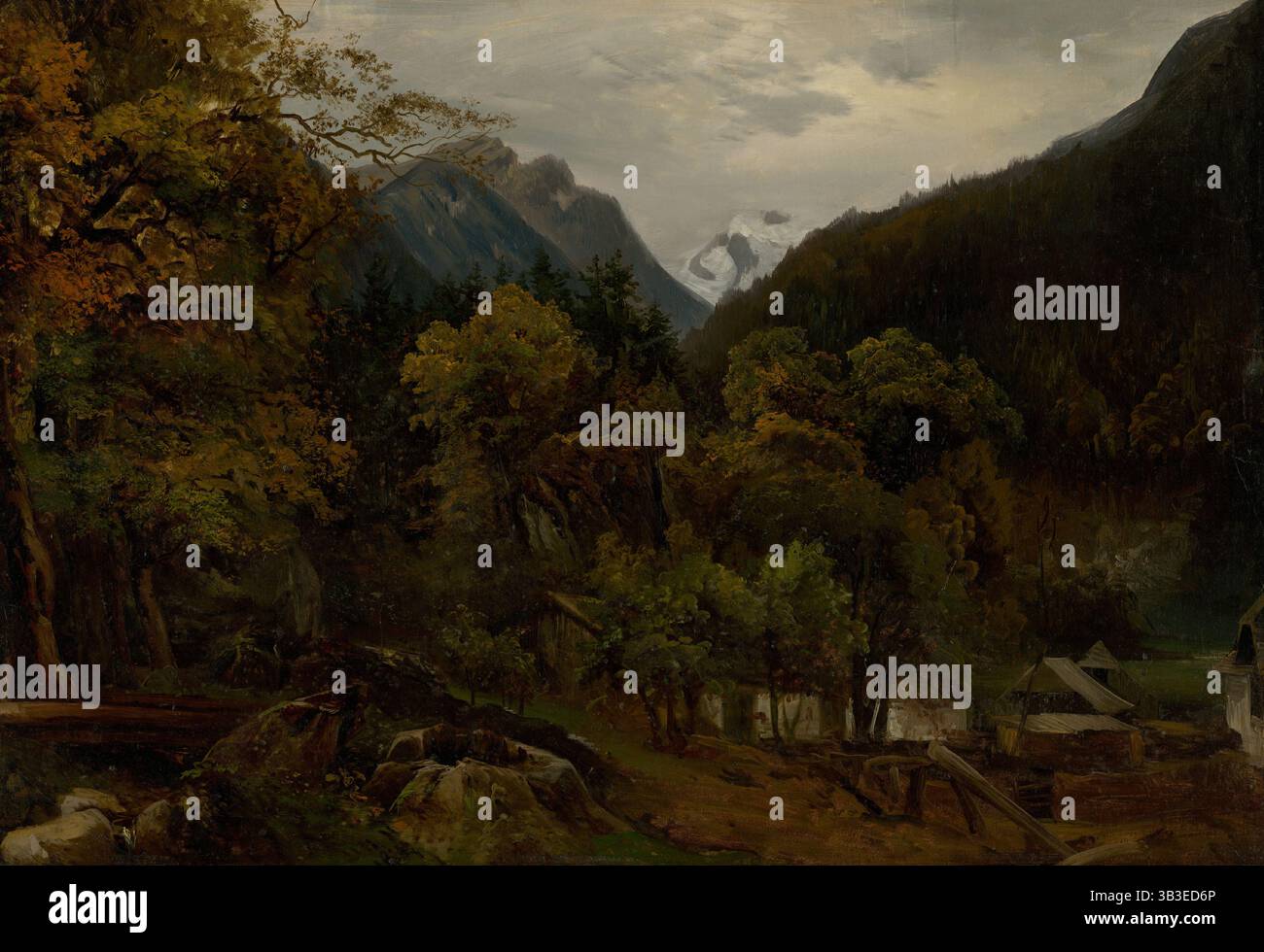 Paesaggio montano con capanne in legno, c1860. Foto Stock