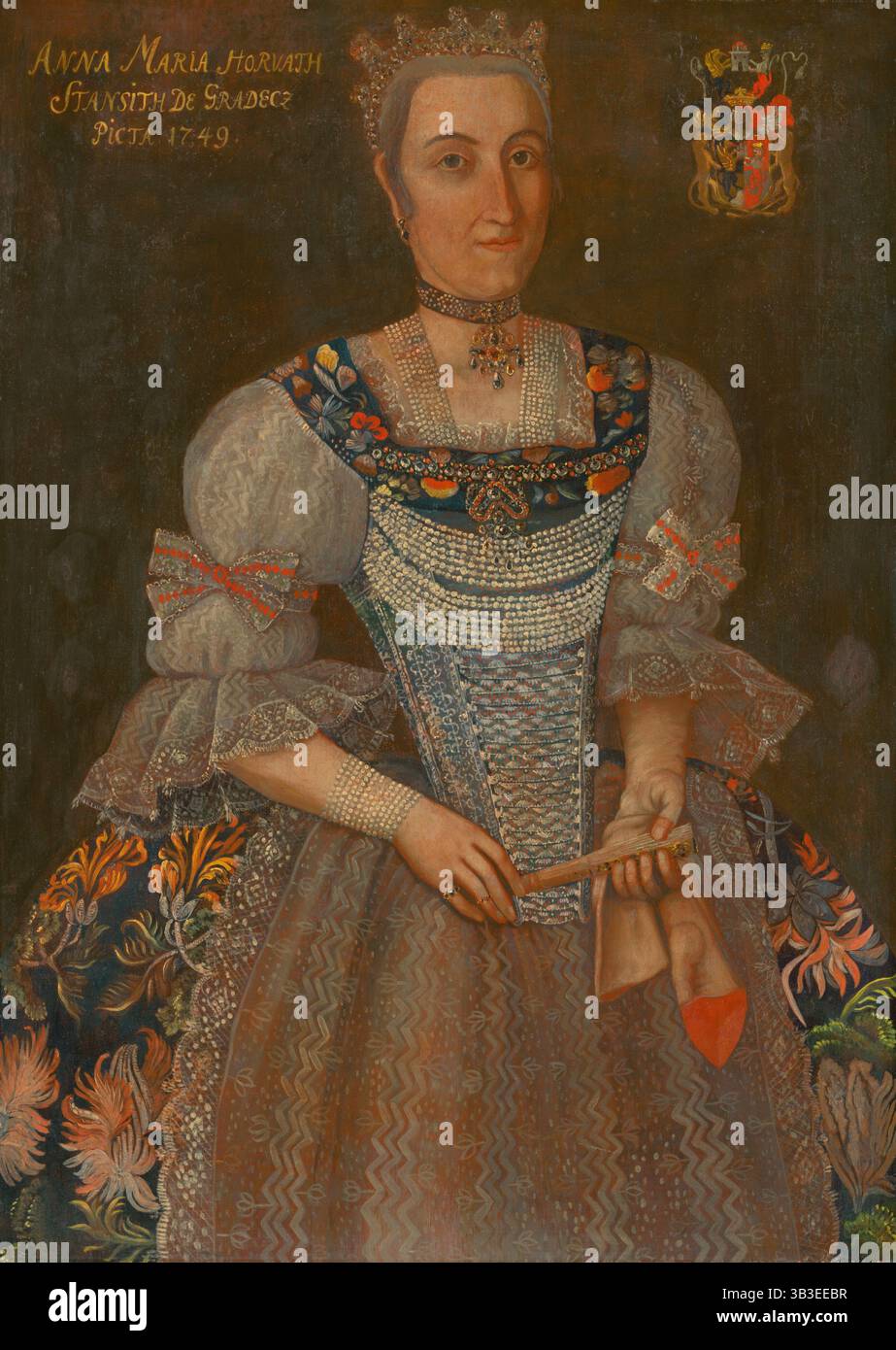Ritratto di Anna Maria Horvath-Stancic de Gradez, 1749. Donna benestante in un abito ricamato rifinito con pizzo, nastri e perle, che indossa un girocollo gioiello e una tiara. Foto Stock