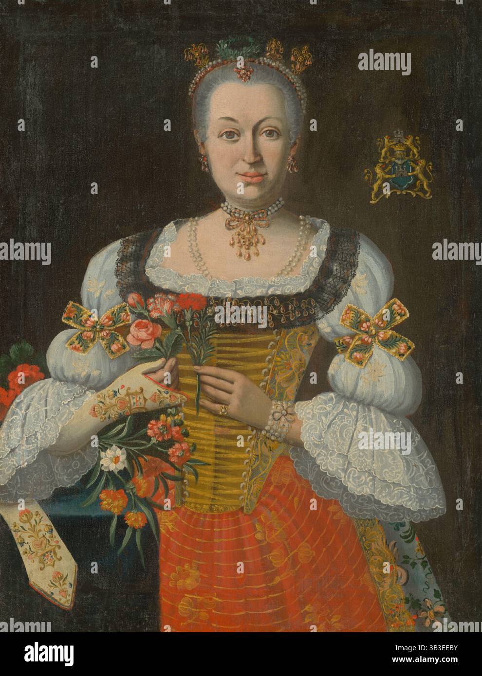 Johanna Zuzana Horváth-Stanithová, c1750. Donna benestante che indossa decorazioni di perle, un bracciale di perle e una collana di perle con un ciondolo in oro. Il suo abito ricamato è rifinito con pizzi e nastri, e tiene rose e garofani con una sola mano. Foto Stock