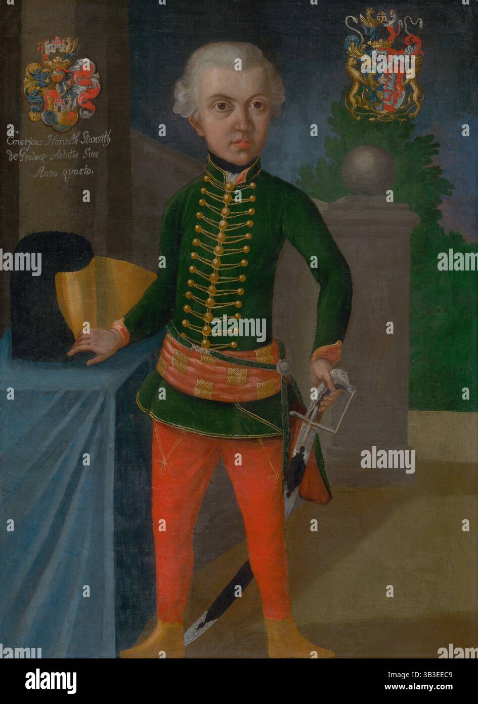 Imrich Horváth-Stancic al suo quarto anno, 1750. Ragazzo in uniforme militare con una spada Foto Stock