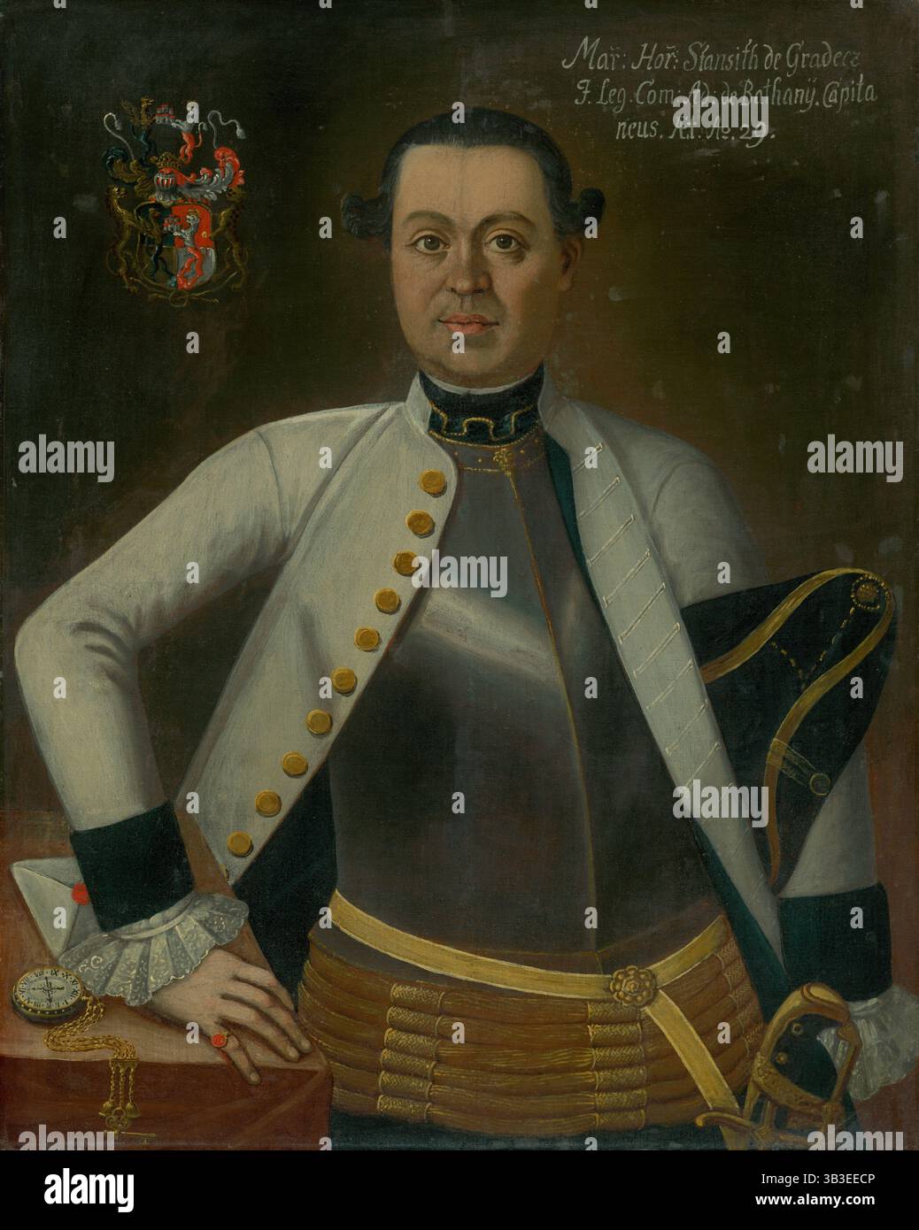 Ritratto del capitano Marcus Horváth-Stancic, (Marek Horvath-Stansith), ventinove anni, c1763. Ufficiale dell'esercito che indossa un reggiseno, un camice e polsini in pizzo. Sul tavolo c'è un orologio da tasca oro e una lettera sigillata. Foto Stock