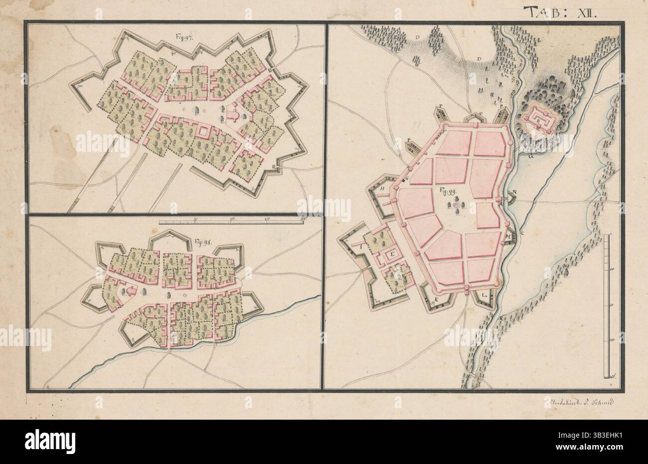 Piani di tre insediamenti con fortificazioni, seconda metà del XVIII secolo. Foto Stock