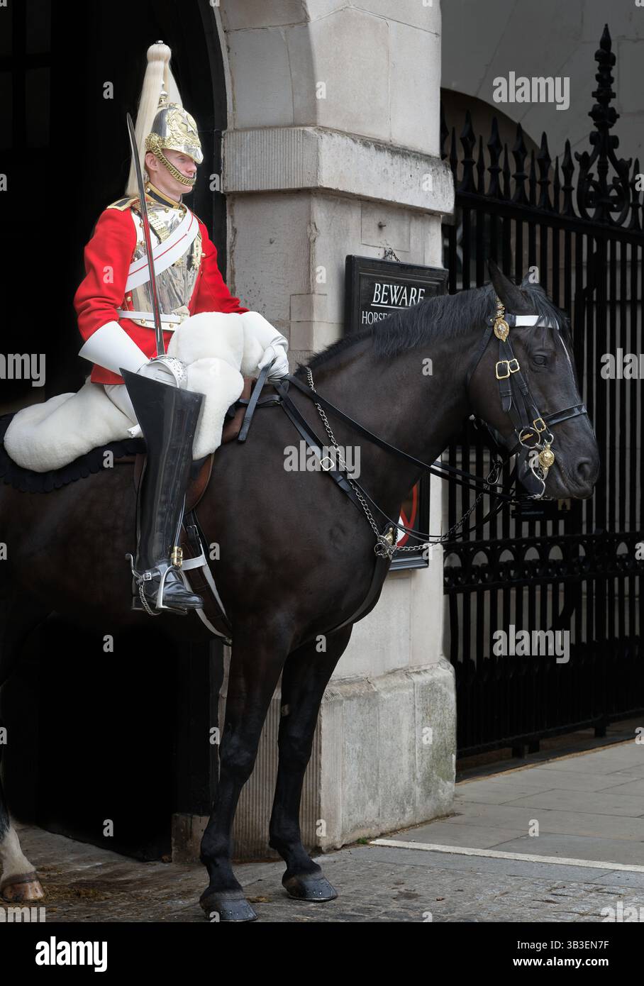 Un soldato della Royal Household Bodyguard in servizio al di fuori delle Horse Guards sfilano a Westminster, Londra, Inghilterra. Foto Stock