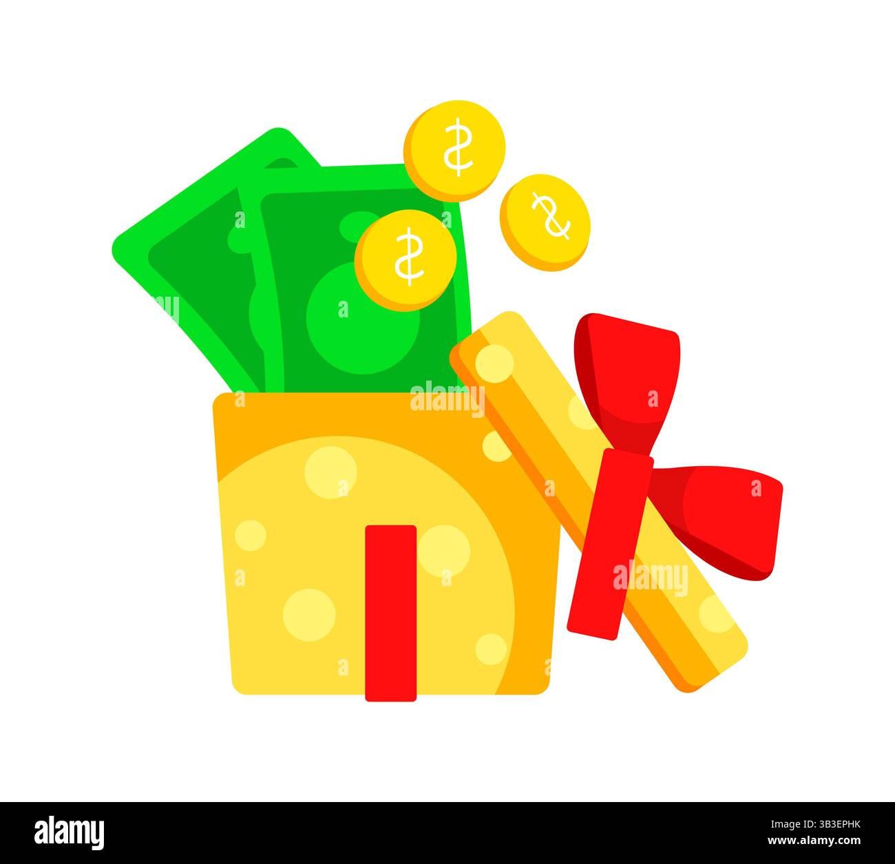 Confezione regalo piena di soldi e monete d'oro che esplodono dall'interno Illustrazione Vettoriale