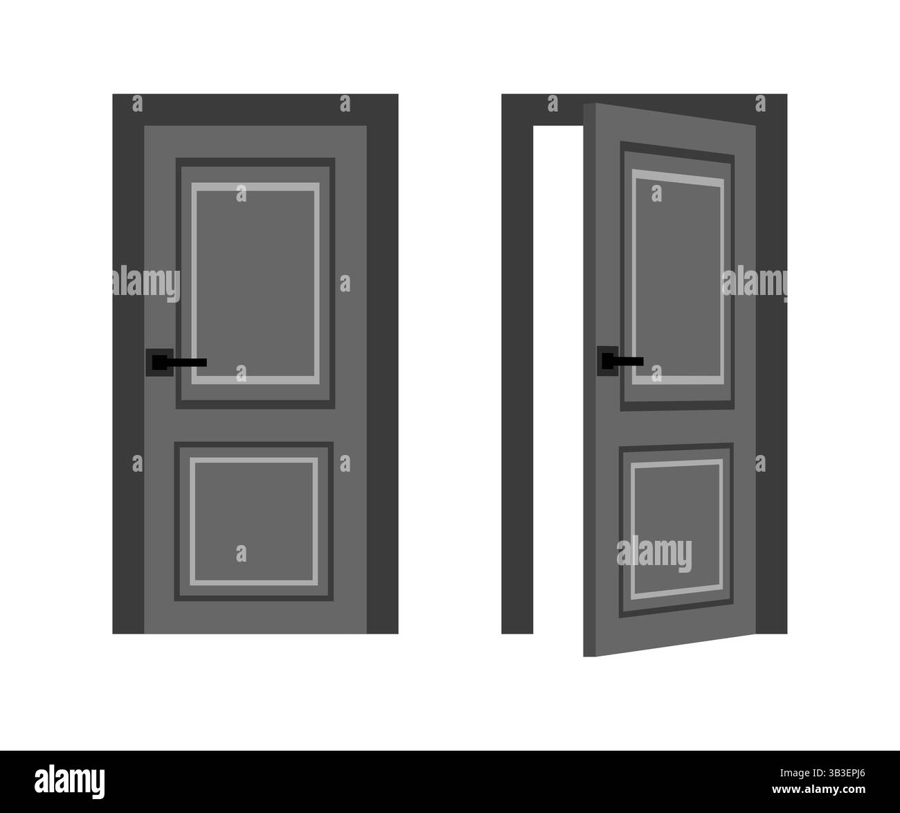 Porta grigia chiusa e aperta, che mostra un ingresso e un'uscita in toni grigi Illustrazione Vettoriale