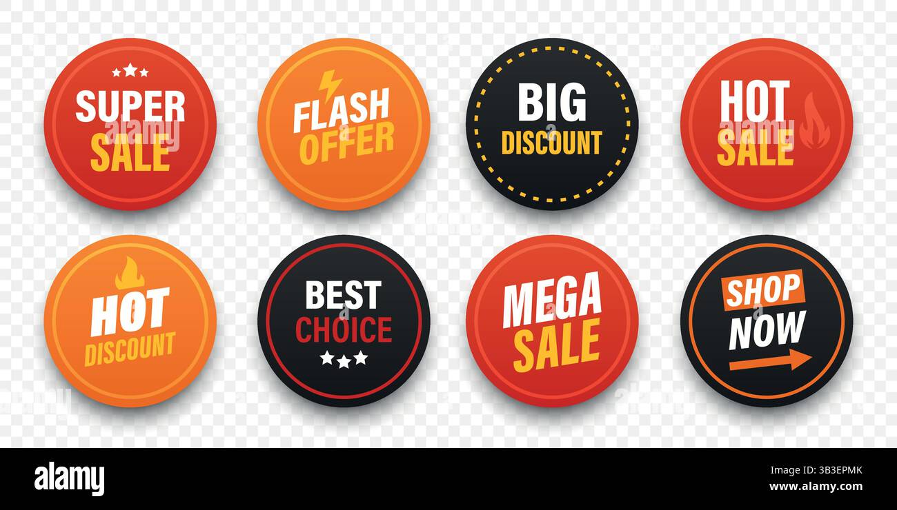 Set di adesivi Vector Round sale con testo per Super vendita, offerta Flash, sconto speciale, grande offerta, Acquista ora. Distintivi promozionali per etichette e-Commerce, marketing Illustrazione Vettoriale