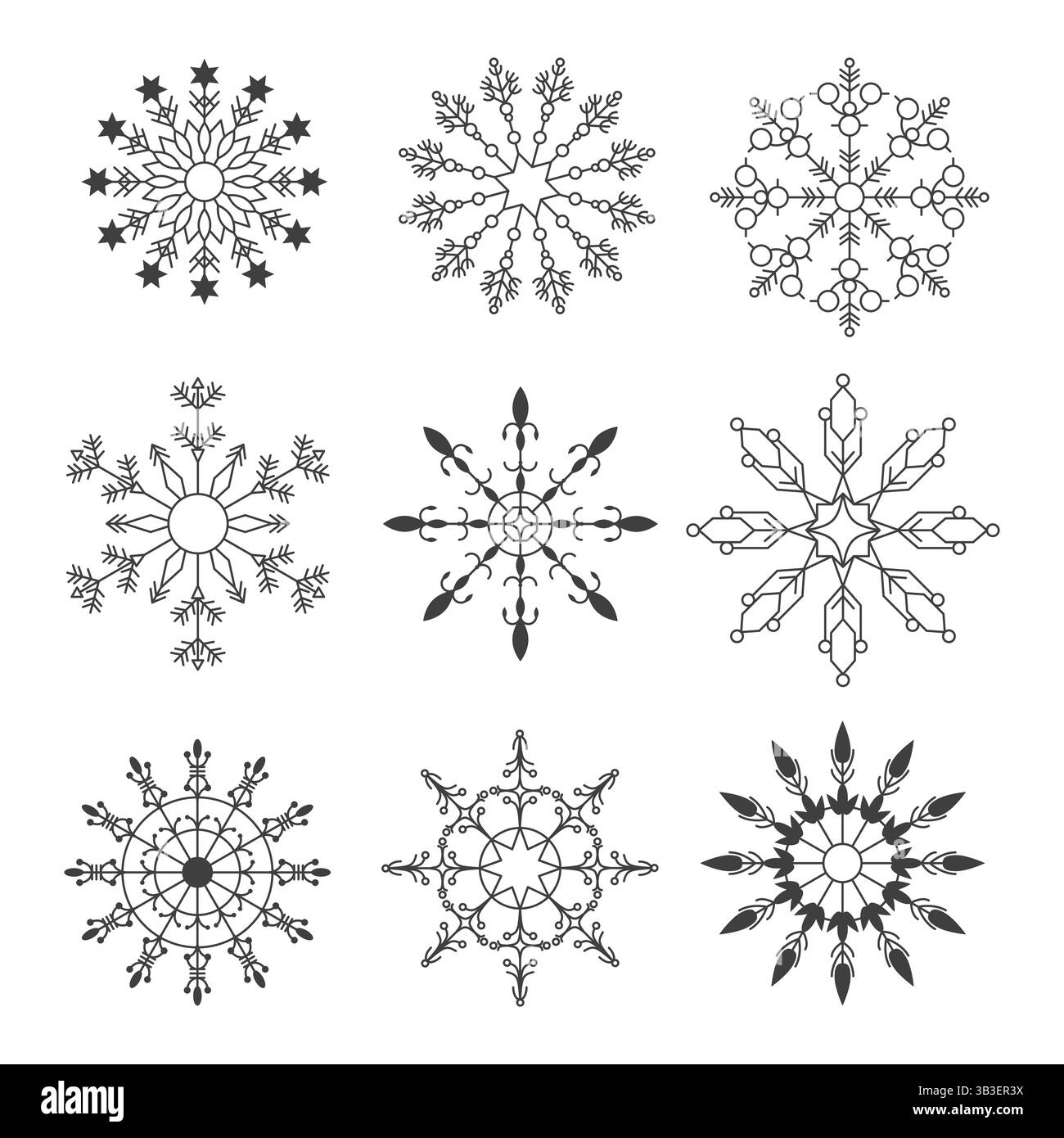 Set di fiocchi di neve vettoriali. Elemento decorativo invernale. Design Frosty con motivo esclusivo. Simboli stagionali della neve in forme diverse. Ghiaccio cristallino. Illustrazione Vettoriale