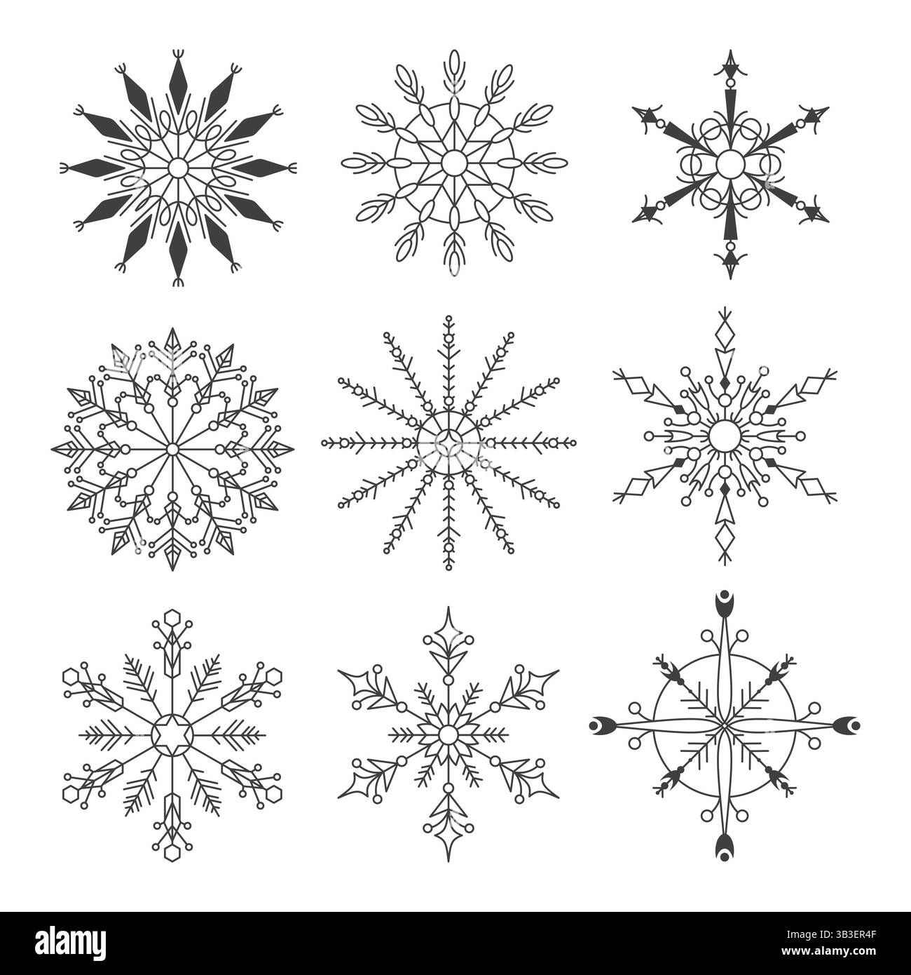 Fiocchi di neve vettoriali. Set di insegne invernali o icona invernale. Cristallo di ghiaccio ornamentale o decorativo per le feste o le vacanze. Il freddo si forma a fiocchi ghiacciati. Illustrazione Vettoriale