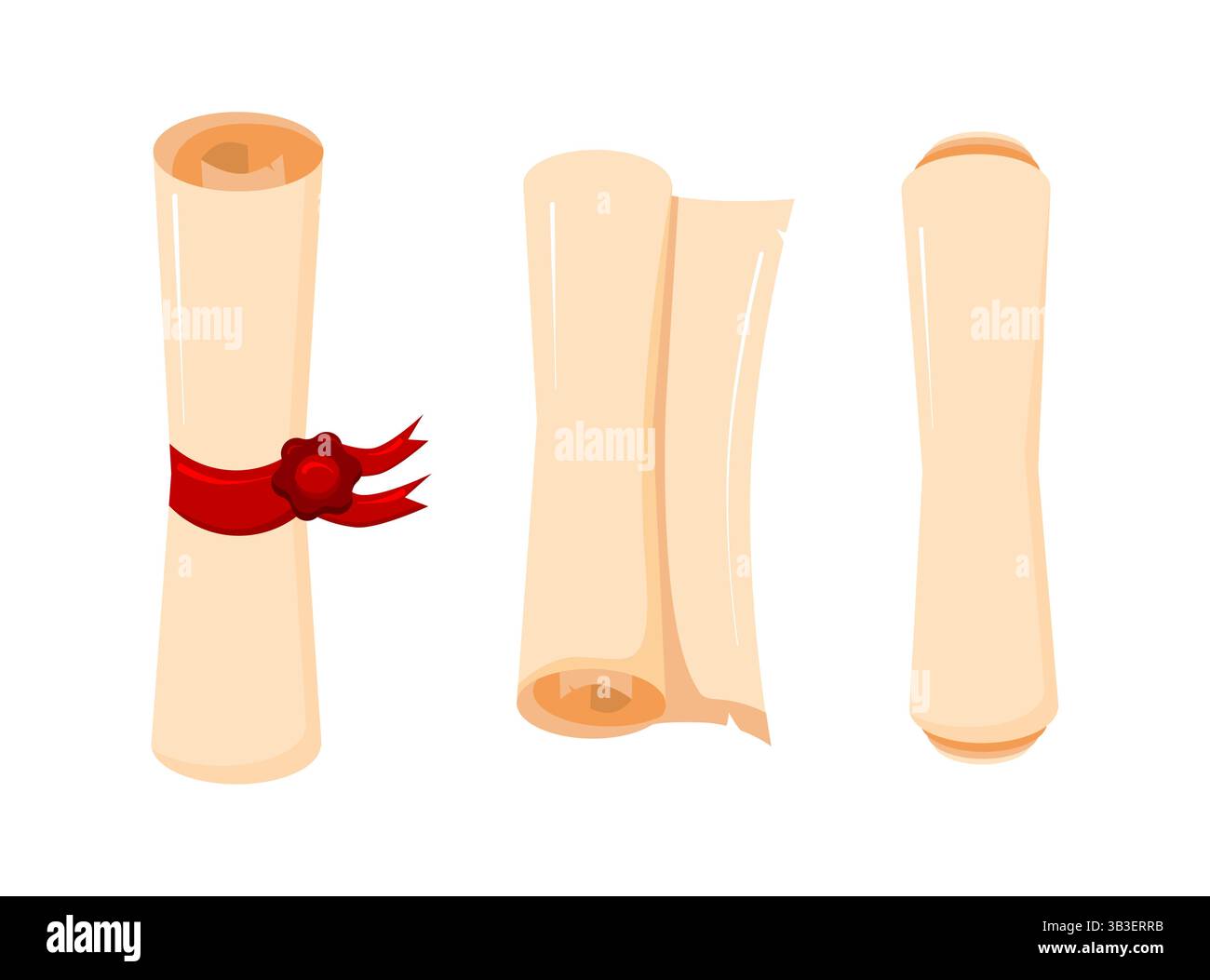 Set di rotoli di carta antichi legati con nastri rossi e sigillati con cera Illustrazione Vettoriale