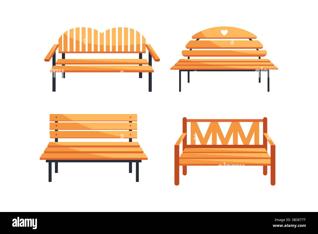 Quattro panchine in legno che mostrano diversi design per posti a sedere nei parchi pubblici Illustrazione Vettoriale