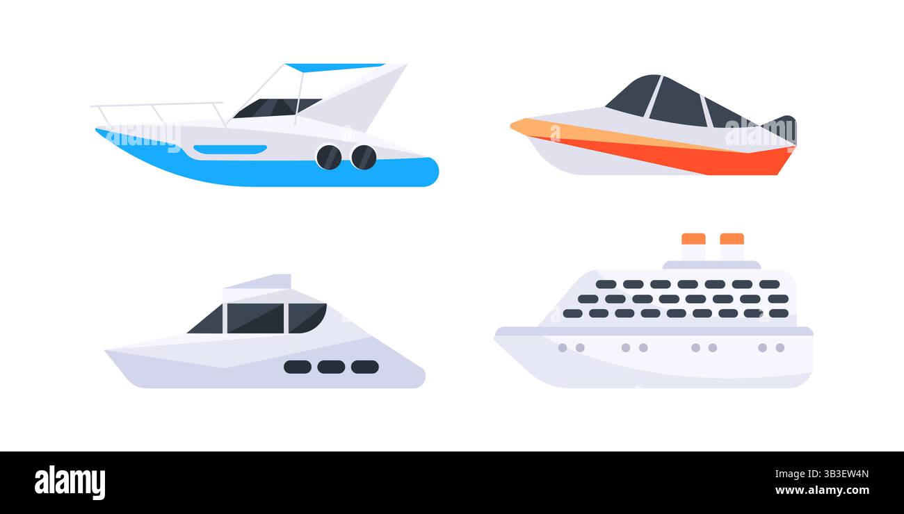 Set di diverse imbarcazioni marittime che navigano su sfondo bianco Illustrazione Vettoriale