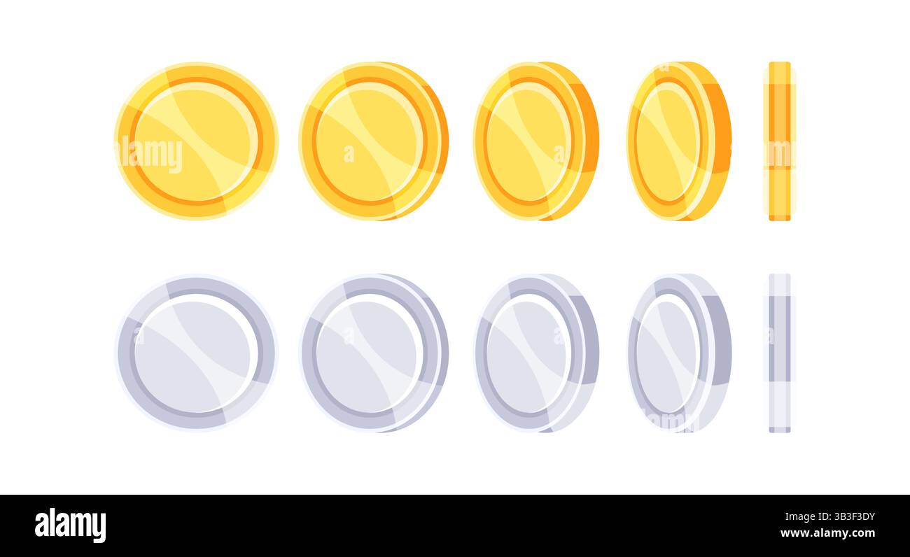 Sprite rotante con monete d'oro e d'argento per lo sviluppo di giochi Illustrazione Vettoriale