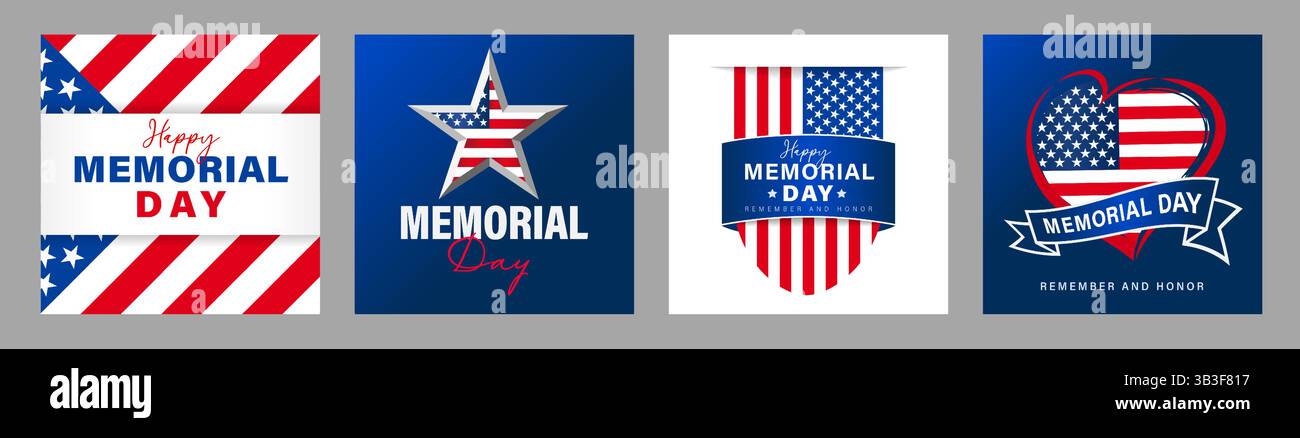 Set di biglietti d'auguri per l'Happy Memorial Day con bandiera USA e scritta. Ricorda e onora gli striscioni per il modello celebrativo del giorno commemorativo. Vettore Illustrazione Vettoriale