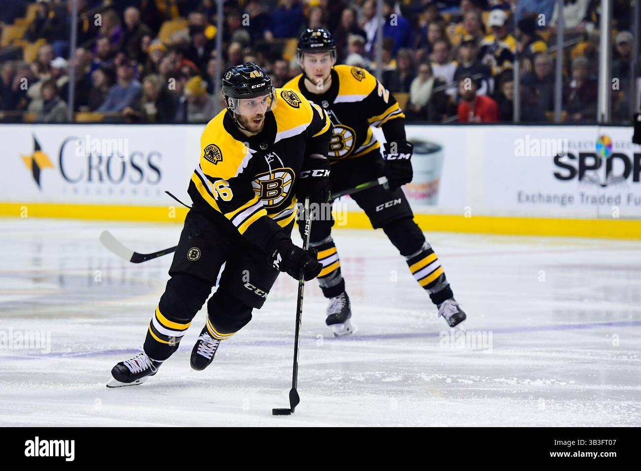 1 febbraio 2018: Centro dei Boston Bruins David Krejci (46) in azione durante la partita NHL tra St. Louis Blues e Boston Bruins tenutasi al TD Garden di Boston, Massachusetts. I Bruins sconfiggono i Blues per 3-1. Eric Canha/CSM(immagine di credito: &Copy; Eric Canha/CSM tramite cavo ZUMA) Foto Stock