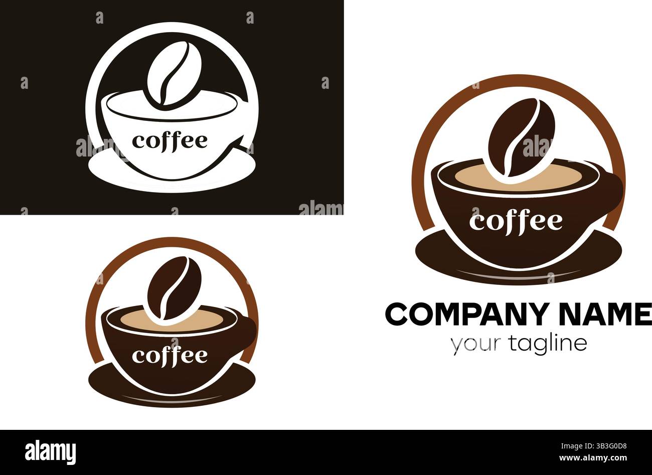 design con logo coffee con tazza e piattino in tonalità nero bianco e marrone Illustrazione Vettoriale