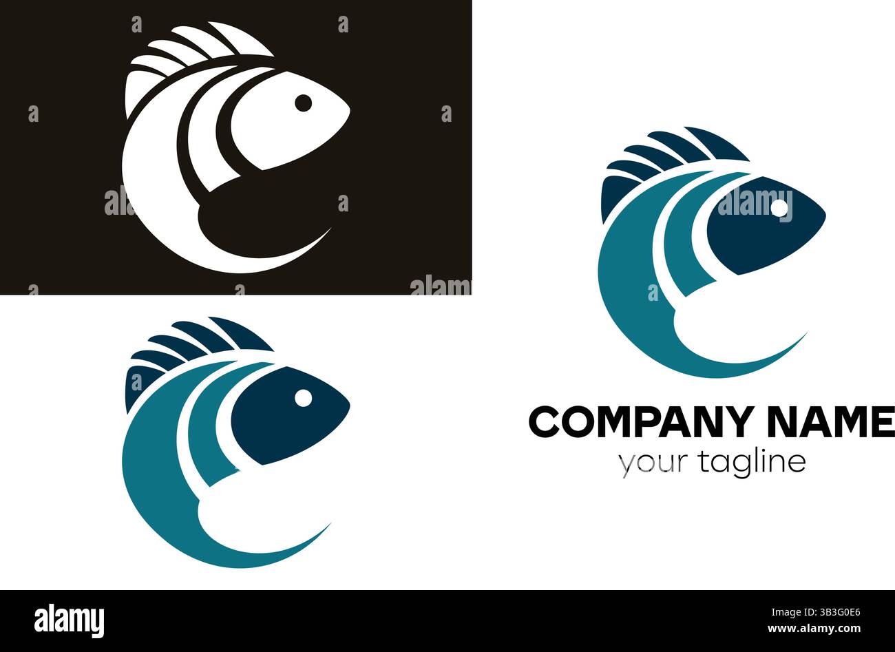 Set di design minimalista con logo Fish - concetto di branding Illustrazione Vettoriale