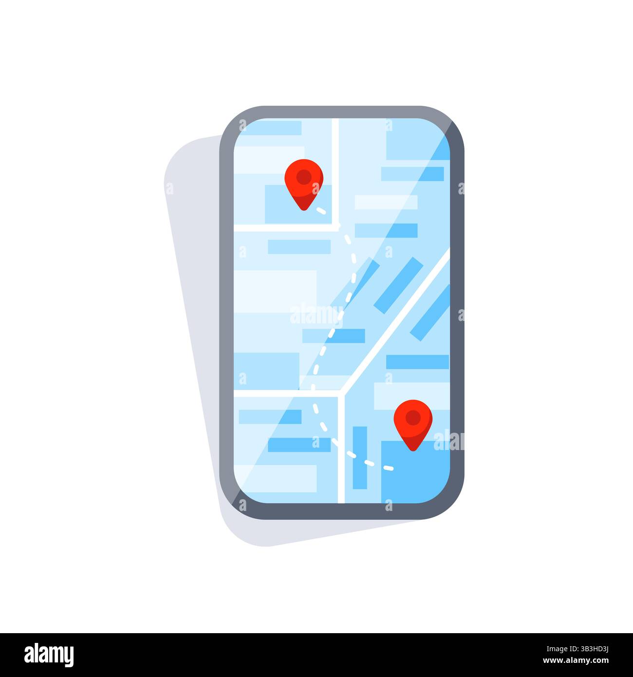 Smartphone con mappa con percorso e due puntatori rossi Illustrazione Vettoriale