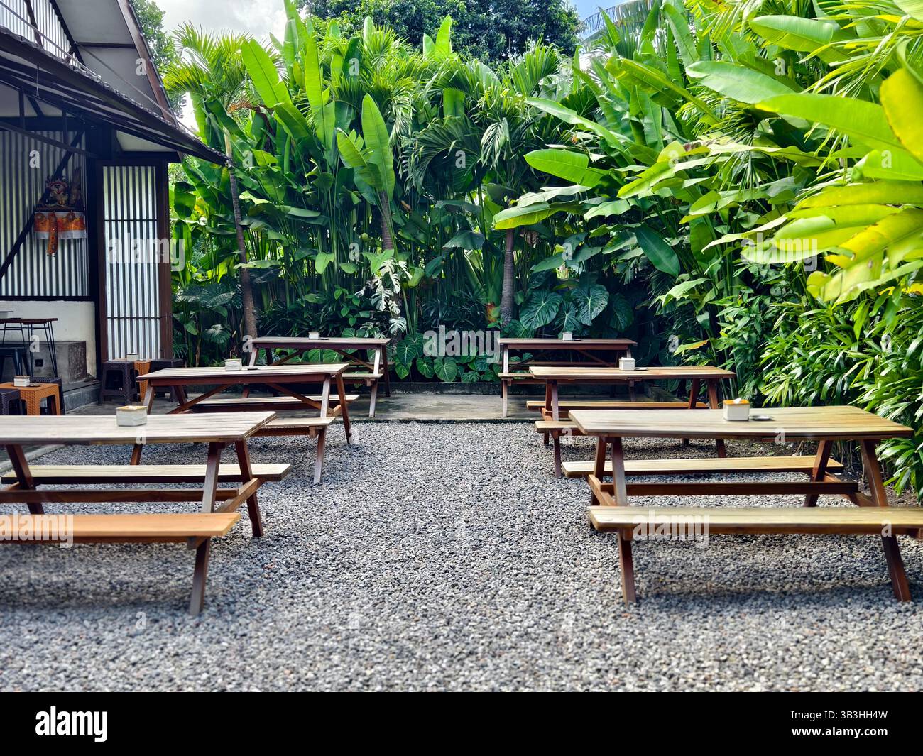 Area salotto all'aperto con diversi tavoli da picnic in legno su un terreno coperto di ghiaia, circondato da lussureggianti piante tropicali Foto Stock