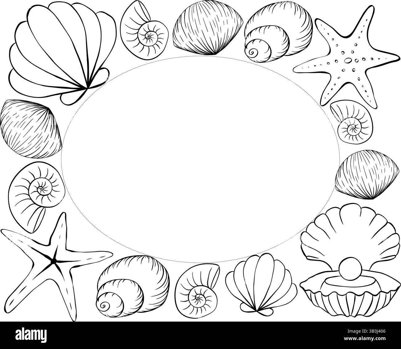 Conchiglie, stella marina modello rettangolare ovale per il testo. Illustrazione dell'inchiostro con linee grafiche vettoriali. Creature marine e conchiglie formano una cornice quadrata. per Illustrazione Vettoriale