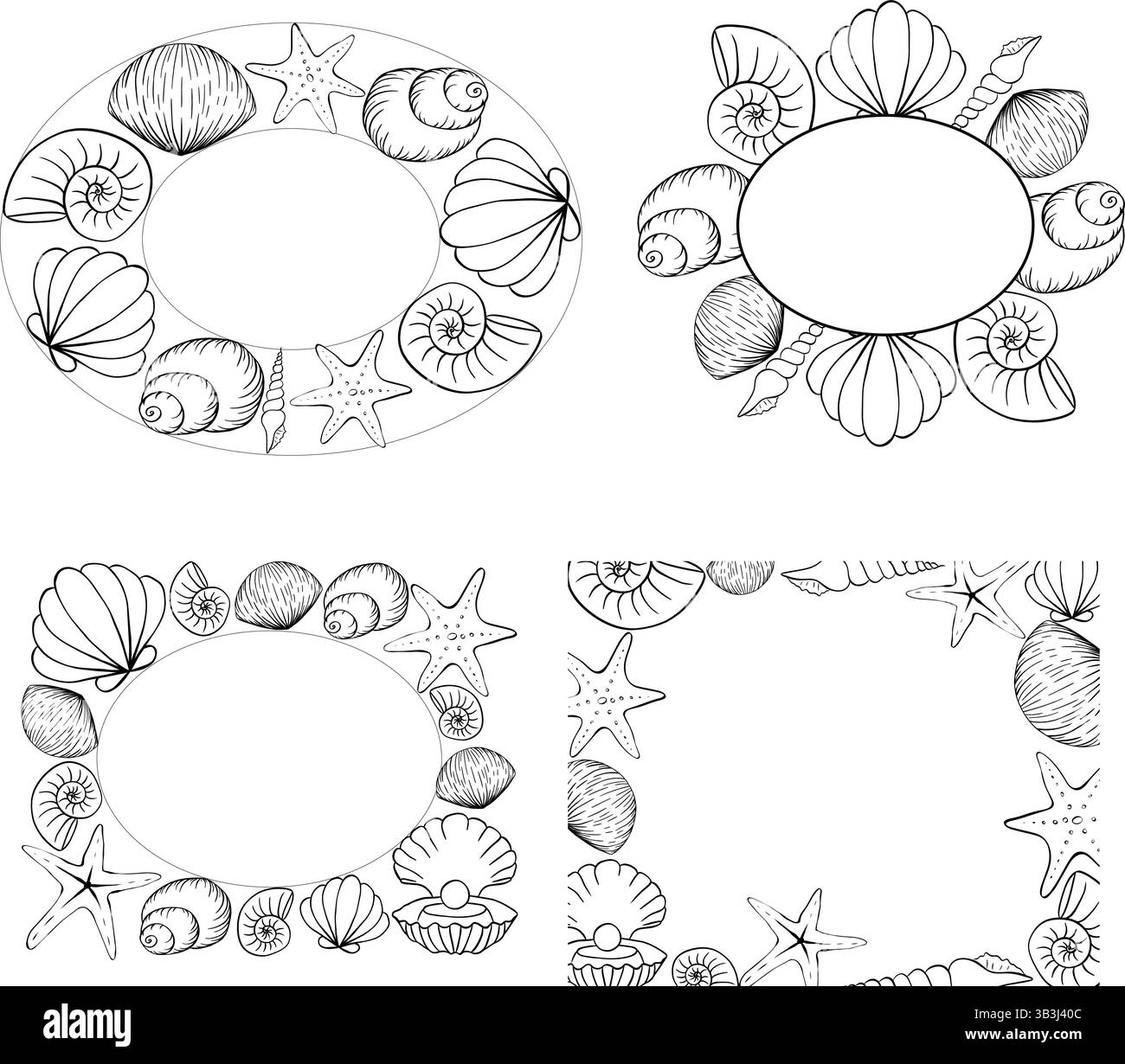 Conchiglie, stelle marine Imposta modello cornice rettangolare ovale per il testo. Illustrazione dell'inchiostro con linee grafiche vettoriali. Creature marine e conchiglie formano una cornice quadrata. Illustrazione Vettoriale