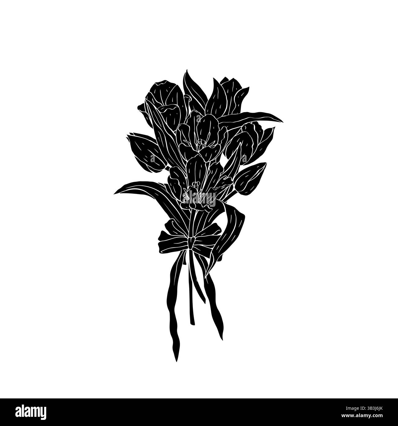 Splendido bouquet di fiori di tulipani rosa disegnati a mano con fantasiose linee artistiche a fiocco Illustrazione Vettoriale