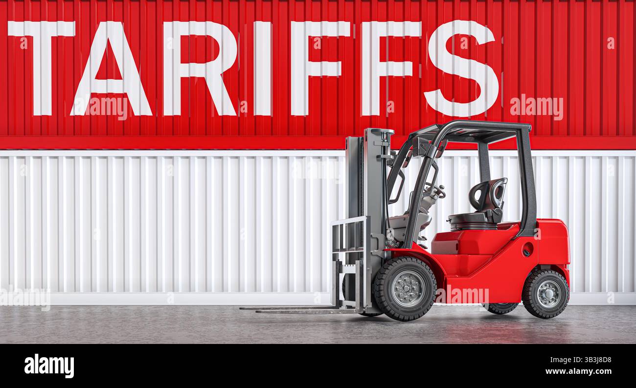Carrello elevatore parcheggiato di fronte al contenitore di spedizione con il simbolo delle tariffe 3d. Foto Stock