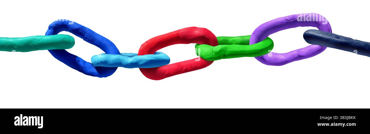 Catena creativa e connessioni creative come catene fatte di diversi collegamenti di argilla modellata collegati tra loro come simbolo di arte e artigianato o meta commerciale Foto Stock
