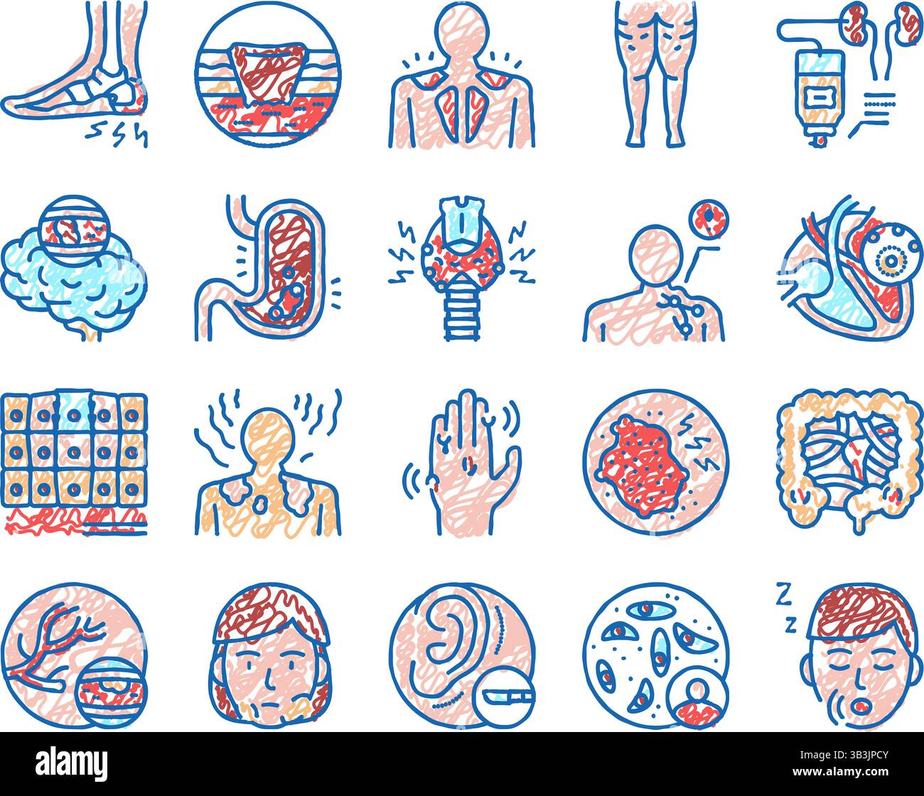 Malattia problema umano Set icone disegnato a mano Illustrazione Vettoriale