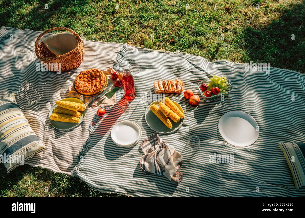Coperta da picnic con mais bollito, frutta, torta appena spalmata, una bottiglia di succo di frutta, cestino di natura morta nel parco estivo della città. Niente persone. Foto Stock